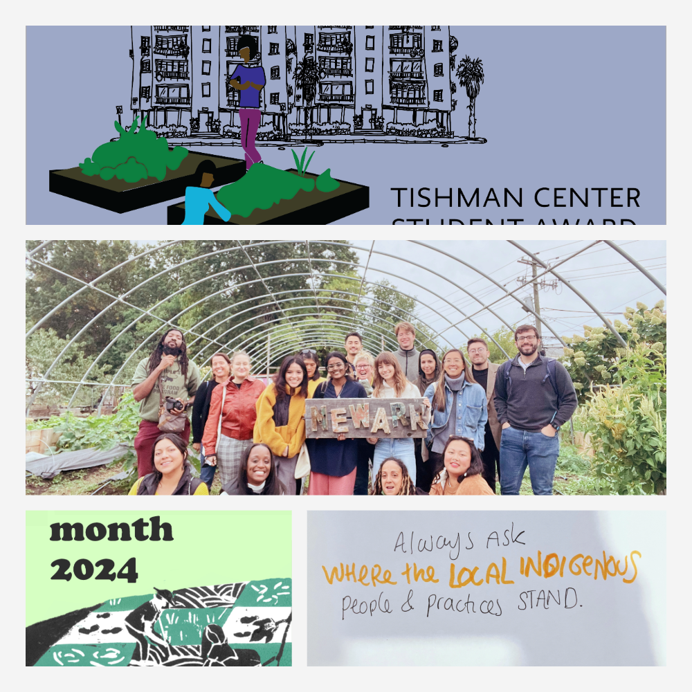 This is an image of people gardening, a group of people holding a sign that says "Newark," a green image that says "earth week 2024," and a note. 