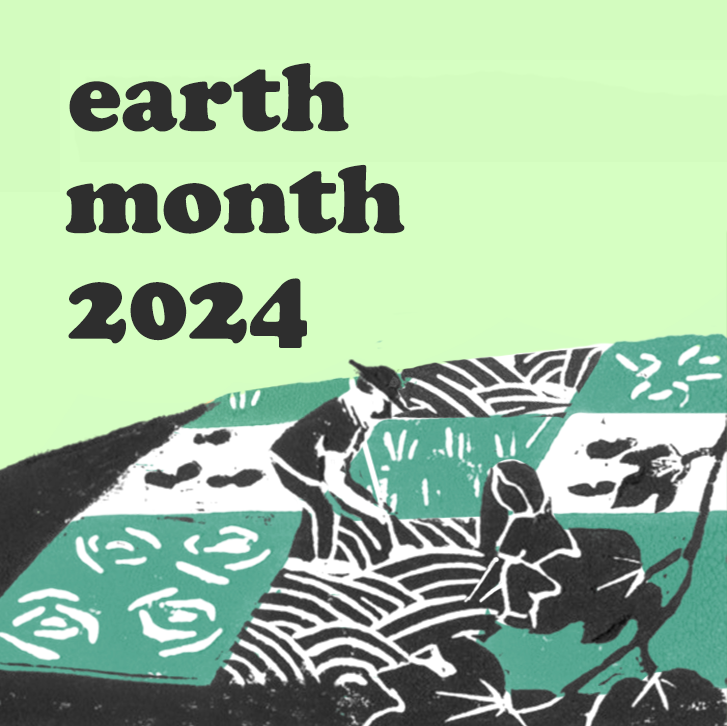 This image has the text "earth month 2024" on it and depicts a farmer
